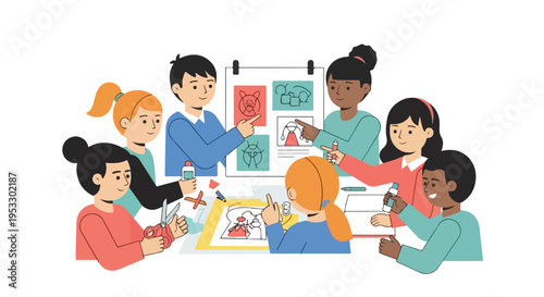 A group of diverse children collaborate on a creative art project, using supplies like scissors and glue to design a poster together.