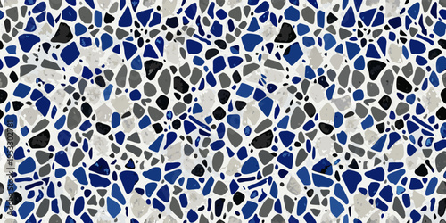Abstract mosaic pattern with fragmented shapes in shades of blue gray and white