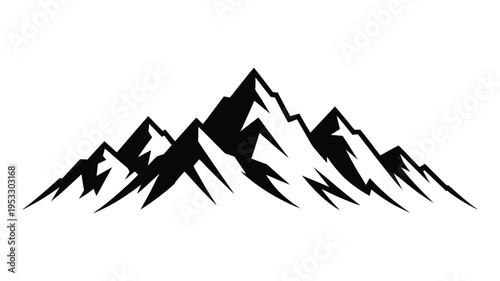 Minimalist vector illustration of a rugged mountain range in black silhouette against a white background symbolizing adventure and natural beauty
