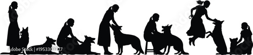 Collection of black silhouettes featuring women interacting with dogs in various poses like training playing and resting on white background.