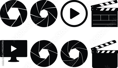 Set of black vector icons representing filmmaking, video playback, and camera aperture.