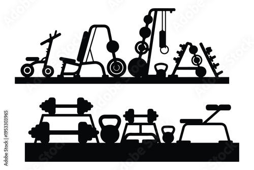 Black silhouettes of various gym equipment on shelves