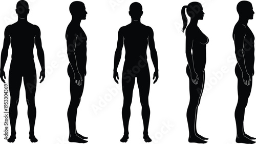Collection of black silhouettes of male and female human figures in front and side view poses isolated on white background.