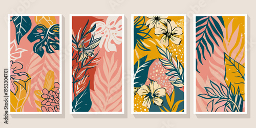 Four botanical wall art panels with vibrant tropical floral designs