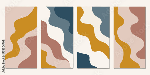 Abstract geometric art featuring wavy shapes in warm and cool tones