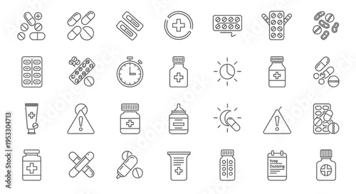 various line art medical and pharmaceutical icons illustrating drug administration dosage and pharmacy concepts.
