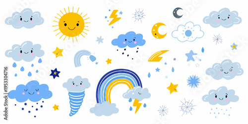 Cute cartoon weather elements including sun clouds rainbow and stars