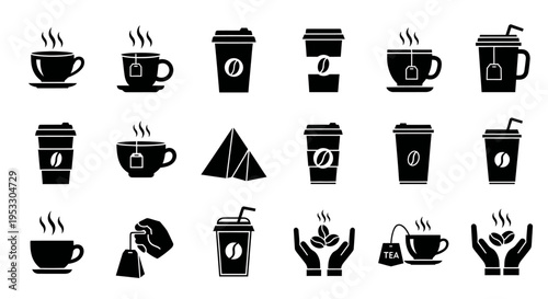 various hot coffee and tea icons steaming cups and travel mugs ideal for cafe menus and beverage branding