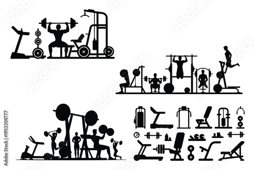 Black silhouettes of people exercising at gym with equipment