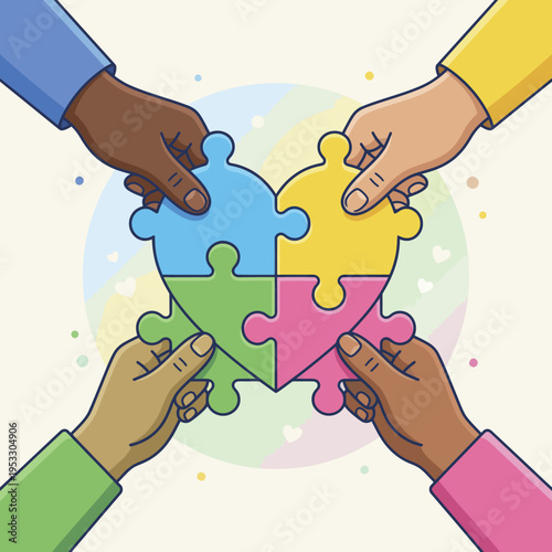 Four Hands Joining to Complete a Heart-Shaped Puzzle in a Colorful Circle Symbolizing Unity, Diversity, and Collaboration