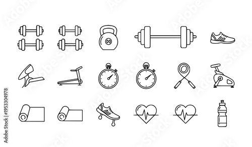 Fitness sport line icon set with gym equipment workout exercise and health symbols vector outline collection