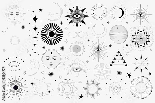 Celestial patterns featuring suns moons stars and mystical eyes
