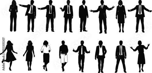 Collection of professional business people silhouettes gesturing pointing and presenting in formal office attire isolated on white background for corporate.