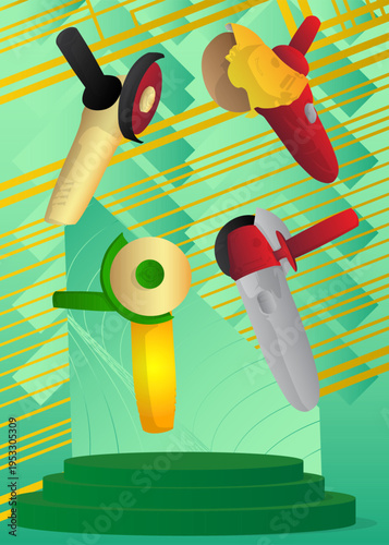 Mockup product display with Angle grinder. Vector cylinder pedestal podium. Stage showcase for presentation. Minimal geometric forms.