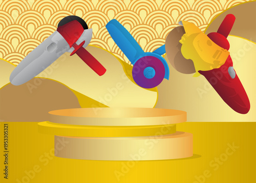 Mockup product display with Angle grinder. Vector cylinder pedestal podium. Stage showcase for presentation. Minimal geometric forms.