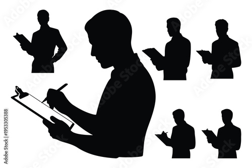 Black silhouettes of people holding clipboards and pens on white
