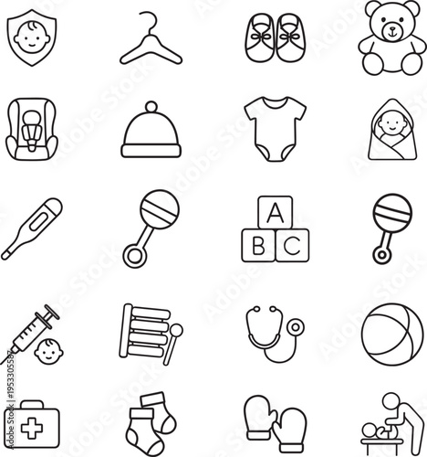 Baby vector icon set, shield, hanger, shoes, teddy bear, car seat, hat, bodysuit, newborn, thermometer, rattle, blocks, syringe, xylophone, stethoscope, ball, first aid, socks, mittens, changing