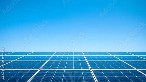 Solar panels under a clear blue sky, representing clean energy and sustainability.