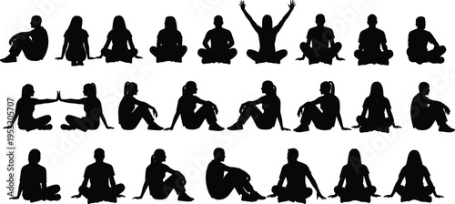 Collection of sitting people silhouettes in various relaxed poses including meditating and resting isolated on white background for lifestyle designs.