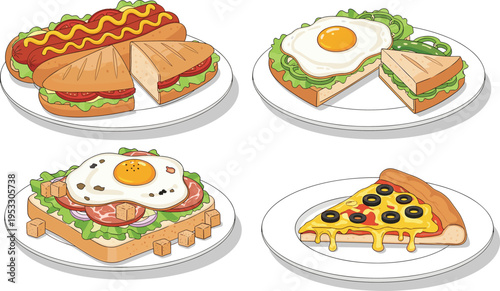 Fast food plates with sandwiches hotdog pizza and egg toast colorful meal set vector illustration for restaurant menu design