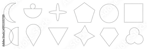 Set of dashed line basic geometric vector shapes. dotted outline of circle, rectangle, square, triangle, heart and star. Icon of cut frame. geometric shape vector art . Vector Illustration . EPS 10 .