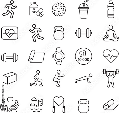 Fitness vector icon set, runner, medicine, brain, smoothie, water bottle, heartbeat, kettlebell, dumbbell, yoga, mat, smartwatch, steps, lunge, squat, plank, weightlifting, therapy, music, jump rope