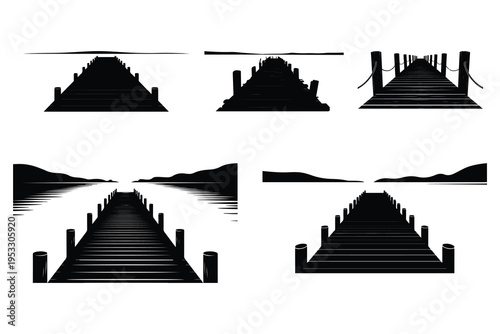 Black silhouettes of docks on water pier