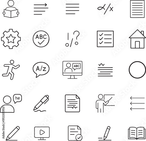 Education vector icon set, student, book, text alignment, document, checklist, home, settings, language, e-learning, writing, pen, teacher, video, report, approved file