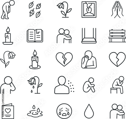 Grief vector icon set, sad person, falling leaves, wilted flower, broken frame, praying hands, candle, book, hugging couple, empty swing, bench, broken heart, crying face, teardrop, condolence card