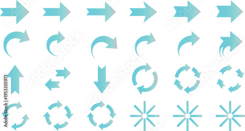 Cyan Gradient Arrow Icon Set, Featuring Directional Pointers, Refresh Symbols, Loading Spinners, and Navigation Graphic Elements in a Modern Vector Style