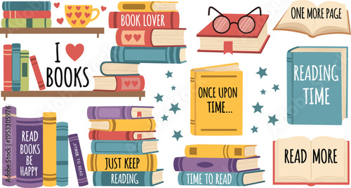 Flat Vector Illustration Set of Book Quotes, Reading Stickers, Colorful Stacks, Library Shelves, and Literacy Phrases for Book Lovers Design