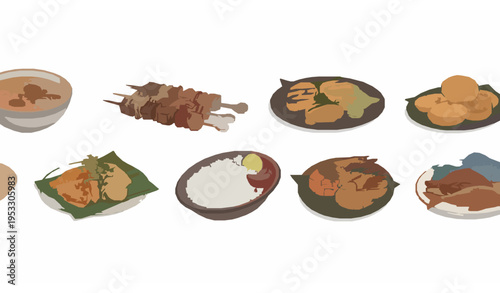 Assorted Traditional Cuisine Vector Illustration with Global Food Dishes in Horizontal Layout