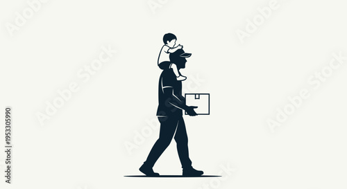 Man carrying child on shoulders with briefcase.
