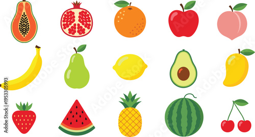 Fresh fruit set with papaya pomegranate orange apple banana pear lemon avocado mango strawberry watermelon pineapple vector illustration design