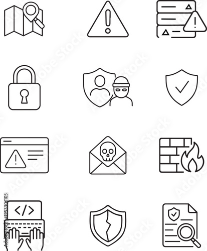 Security vector icon set, map location, warning sign, server error, padlock, hacker protection, secure shield, browser alert, malware email, firewall, coding, broken shield, document security