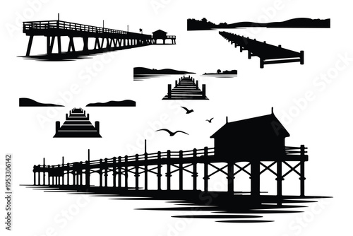 Black and white pier silhouettes with buildings and seagulls