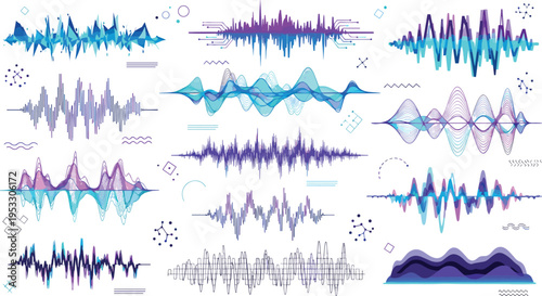 Vibrant Audio Waveforms Collection with Dynamic Sound Signals Abstract Frequency Lines and Music Visualization Elements Vector Illustration Set