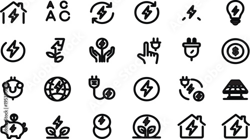 Energy Icons Set: Electricity Renewable Eco-friendly Home Savings Nature Technology