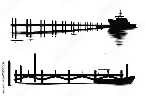 Black silhouettes of boat and dock on water pier
