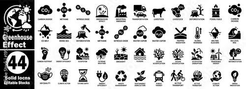 Greenhouse effect and sustainability icons. Collection for environmental advocacy featuring renewable energy, carbon footprint, ocean acidification, and reforestation vector illustration.