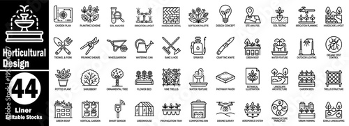 Horticultural design icons on a transparent background for garden planning and landscape architecture vector illustration.