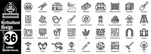 Horticultural design outline icon. Collection including gardening tools, greenhouse, raised beds, landscape planning, blueprints, and plant care equipment set vector illustration.