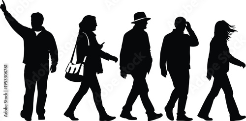 Group of people silhouettes walking and standing in diverse poses including casual travelers and professional business figures for lifestyle design.