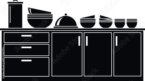 Kitchen cabinet with dishes bowls and cookware silhouette storage furniture interior cooking equipment concept vector illustration for home design