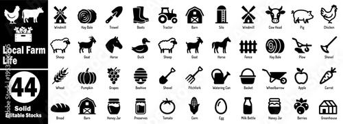 Local farm life set. Featuring 44 solid editable stocks, including chicken, cow, windmill, hay bale, trowel, boots, tractor, barn, silo vector illustration.