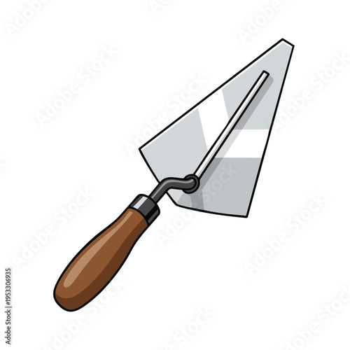 A triangular metal trowel with a curved metal neck and a brown handle