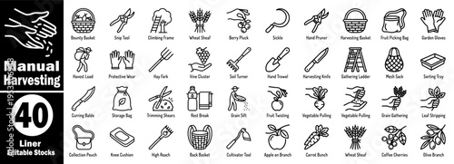 Manual harvesting set. Featuring 40 liner editable stocks, including bounty basket, snip tool, climbing frame, and wheat sheaf vector illustration.