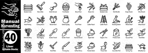Manual harvesting line icons set. Collection of editable stock graphics, representing farm work and crop collection process vector illustration.