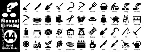 Manual harvesting solid icons set. Collection of editable stock graphics, showcasing farm work and crop gathering activities, vector illustration.