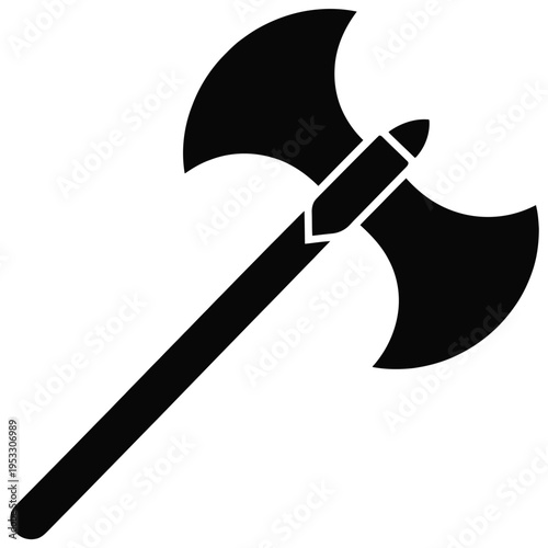 A sleek black and white illustration of a battle axe with a crossguard handle isolated on white background, Vector, illustration